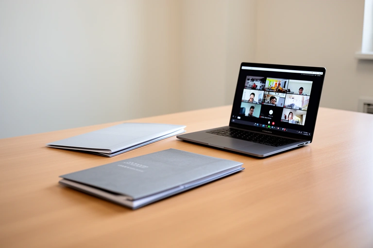 Mesa de reunión con dos carpetas y una notebook preparada para una audiencia por videollamada