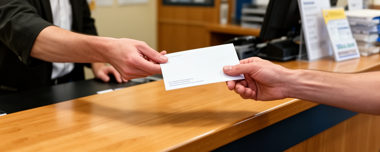Mano entregando una carta documento en el mostrador de un correo