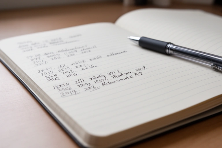 Cuaderno abierto con fechas anotadas y una lapicera