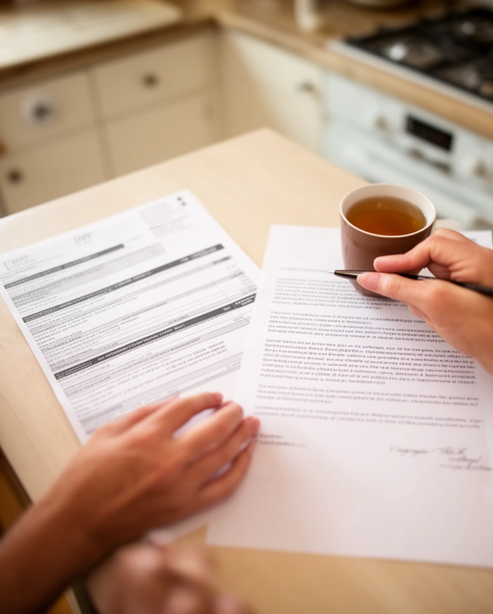 Persona escribiendo un reclamo a mano en una mesa de cocina, junto a una factura