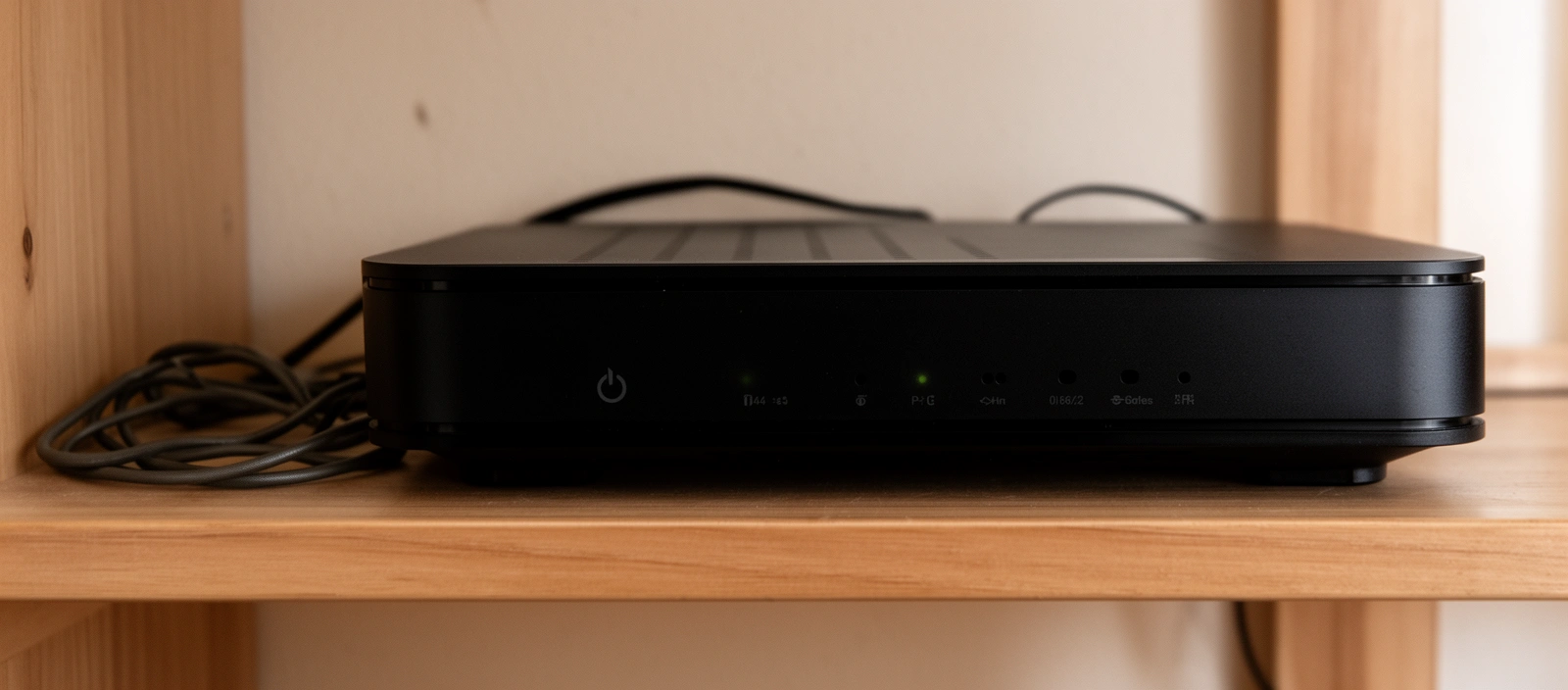 Router de internet con las luces apagadas sobre un mueble